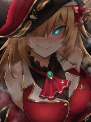 1girl akai_haato ascot bicorne black_choker black_headwear black_jacket black_leotard blonde_hair blue_eyes blush breasts brooch choker cleavage cosplay cropped_jacket frilled_choker frills hair_ornament hair_over_one_eye hair_ribbon hat heart heart_hair_ornament highres hololive hoodboy49009174 houshou_marine houshou_marine_(1st_costume) houshou_marine_(cosplay) jacket jewelry large_breasts leotard leotard_under_clothes long_hair looking_at_viewer multicolored_jacket off_shoulder pirate_hat red_ascot red_jacket red_ribbon ribbon see-through_cleavage see-through_clothes smile twintails two-tone_jacket virtual_youtuber