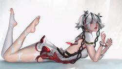 Rule 34 | 1girl, absurdres, asymmetrical clothes, barefoot, black eyes, black flower, blake bloom (wuthering waves), camellya (wuthering waves), chromatic aberration, collar, commentary, commentary typo, dress, feet, flower, from side, hair between eyes, hair flower, hair ornament, hair vines, highres, looking at viewer, nervi fd, pants, parted lips, red pupils, short hair, sideless dress, single pantsleg, soles, solo, white collar, white dress, white hair, white pants, wuthering waves