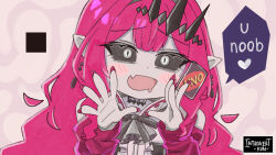 1girl bad_tag baobhan_sith_(fate) baobhan_sith_(first_ascension)_(fate) black_sclera card center_frills colored_sclera detached_sleeves dress drooling fang fate/grand_order fate_(series) frilled_dress frills grey_eyes highres holding holding_card introvert-kun long_hair looking_at_viewer mesugaki mimukauwa_nice_try_(vocaloid) mouth_drool open_mouth pink_hair pointy_ears red_dress sidelocks skin_fang solo tiara uno_(game)
