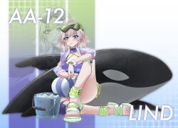 Rule 34 | aa-12 (girls&#039; frontline), aa-12 (the sun never rises) (girls&#039; frontline), absurdres, ass, ball, beachball, blue eyes, blush, bracelet, bucket, character name, commentary request, criss-cross halter, feet, girls&#039; frontline, girls&#039; frontline 2: exilium, goggles, goggles on head, grey hair, halterneck, highres, ice bucket, jewelry, knee pads, knee up, lind (girls&#039; frontline 2), lollipop in mouth, looking at viewer, medium hair, nail polish, official alternate costume, orca, purple nails, rou ge yu yun zhi, sandals, scrunchie, sitting, thighs, toes, wrist scrunchie, zoom layer