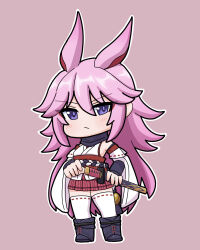 1girl absurdres bare_shoulders blush boots brown_background chibi closed_mouth detached_sleeves full_body hair_between_eyes highres holding holding_sheath honkai_(series) honkai_impact_3rd japanese_clothes katana kimono knee_boots long_sleeves mokkyo_(motkyo) obi outline pink_hair pink_skirt pleated_skirt purple_eyes ribbon-trimmed_thighhighs ribbon_trim sash sheath sheathed simple_background skirt sleeveless sleeveless_kimono solo standing sword thighhighs thighhighs_under_boots v-shaped_eyebrows weapon white_kimono white_outline white_thighhighs wide_sleeves yae_sakura yae_sakura_(gyakushinn_miko)