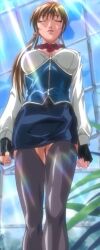 1girl _eyes bible_black bow bowtie breasts brown_hair cleavage closed_eyes dark_thighhighs gloves greenhouse hair_ornament highres imari_kurumi large_breasts long_hair miniskirt shin_bible_black side_ponytail sidelocks skirt thighhighs tokken_division zettai_ryouiki