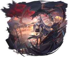 1girl absurdres animal_ear_fluff animal_ears artist_request azur_lane bare_shoulders belt black_gloves black_skirt black_thighhighs blue_eyes blue_ribbon breasts brown_thighhighs choker closed_mouth cloud coat crop_top dual_wielding evening expressionless floating_hair fox_ears fox_girl fox_tail fur_trim gloves grey_hair hair_between_eyes half_gloves high_heels highres holding holding_sword holding_weapon jacket katana kawakaze_(azur_lane) kawakaze_(meta)_(azur_lane) kitsune large_tail long_hair long_sleeves looking_at_viewer looking_back machinery medium_breasts midriff miniskirt multiple_swords multiple_weapons navel non-web_source off_shoulder official_art open_clothes open_coat open_jacket outdoors over_shoulder planted planted_sword planted_weapon pleated_skirt reflection reflective_water ribbon rigging ripples rudder_footwear scar scar_on_stomach scarf shirt sideboob sidelocks skirt sky sleeveless sleeveless_shirt solo standing standing_on_liquid stomach sunset sword tail thighhighs thighs torii torpedo_launcher tree very_long_hair water weapon weapon_over_shoulder white_hair wide_sleeves zettai_ryouiki