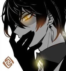 1boy bad_id bad_twitter_id black_hair brown_hair covering_own_mouth earrings from_side genshin_impact gloves greyscale hand_on_own_face hand_to_own_mouth jewelry long_hair male_focus monochrome multicolored_hair simple_background single_earring solo spot_color sssss2222 symbol-shaped_pupils tassel tassel_earrings yellow_eyes zhongli_(genshin_impact)