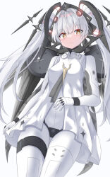1girl bodysuit bracelet closed_mouth cross-shaped_pupils dress earrings floating floating_headgear floating_object floating_weapon grey_hair highres jewelry ling_yi_i long_hair luna:_laurel_(pgr) luna_(pgr) mechanical_arms mechanical_legs orange_eyes orb punishing:_gray_raven symbol-shaped_pupils thigh_strap thighlet triangle_earrings twintails white_bodysuit white_dress