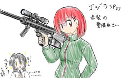 Rule 34 | 2girls, anti-materiel rifle, barrett m82a2, black hair, bones (company), brown eyes, bullpup, ddh147aizu, female shiva soldier, godzilla (series), godzilla singular point, gun, japanese text, military, military uniform, multiple girls, orange (company), original, red eyes, red hair, rifle, scope, short hair, sniper rifle, weapon