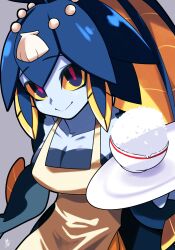 1girl apron blue_hair blue_skin bowl collar colored_sclera colored_skin fins fish_girl highres looking_at_viewer minette_(skullgirls) pink_pupils plate ponytail rice rice_bowl shell_hair_ornament skullgirls smile solo upper_body yaki_usagi yellow_sclera