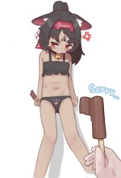 1girl anger_vein angry animal_ear_fluff animal_ears bare_legs bare_shoulders bell bikini black_bikini black_hair blush cat_ears cat_girl crying double_popsicle erifan0 feet_out_of_frame food frilled_bikini frills highres holding loli medium_hair navel neck_bell nekomiya_mana pout red_eyes sweat swimsuit tears unequal_popsicle_division white_background zenless_zone_zero
