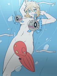 Rule 34 | 1girl, absurdres, air bubble, aqua eyes, blonde hair, breasts, bubble, censored, colored skin, completely nude, convenient censoring, feebas, gen 2 pokemon, gen 3 pokemon, gym leader, hair between eyes, highres, legs, medium breasts, micharie, misty (pokemon), monster girl, navel, nintendo, novelty censor, nude, octillery, pokemon, pokemon hgss, short hair, thick thighs, thighs, underwater, underwater sex, water
