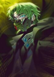 1boy black_jacket black_shirt blue_eyes blurry blurry_background buttons coat coat_on_shoulders colored_eyelashes green_hair highres jacket lo_po_bia_traumerei looking_at_viewer mask mouth_mask o0odu orb shirt solo symbol-shaped_pupils tower_of_god underlighting zipper