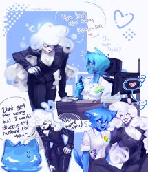 2girls black_suit blue_hair blush breasts cleavage cloud_hair collared_shirt crying_anabell formal_clothes highres humanization large_breasts looking_at_another multiple_girls nicole_watterson shirt suit the_amazing_world_of_gumball white_shirt yuki_yoshida yuri