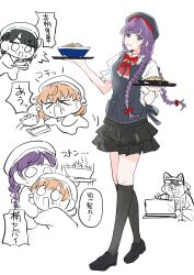 &gt;_&lt; 3girls ^^^ alternate_costume alternate_hairstyle apron artist_self-insert beret black_apron black_hat black_skirt black_socks bowl braid catching cerise_bouquet chibi chibi_inset commentary double_bun dropping food frilled_skirt frills full_body green_eyes grin hachiban_ramen hachiban_ramen_uniform hair_bun hat highres hinoshita_kaho holding holding_tray kneehighs layered_skirt link!_like!_love_live! long_hair love_live! miniskirt momose_ginko multiple_girls noodles official_alternate_costume official_alternate_hairstyle open_mouth otomune_kozue puffy_short_sleeves puffy_sleeves ramen shirt short_sleeves simple_background skirt smile socks solo_focus speech_bubble tray twin_braids very_long_hair virtual_youtuber white_background white_shirt zuisetsu