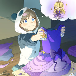 2girls absurdres animal_hood blonde_hair blush brown_hair chibi closed_eyes commentary_request dress drill_hair fabric gloves heanna_sumire highres holding holding_unworn_clothes holding_unworn_dress hood long_hair long_sleeves love_live! love_live!_superstar!! medium_hair multicolored_hair multiple_girls nonfiction!!_(love_live!) official_alternate_costume open_mouth panda_hood pink_hair purple_dress purple_gloves scissors shirt sitting smile sparkle speech_bubble streaked_hair tang_keke thought_bubble tiara unworn_dress white_shirt wz_(52889)