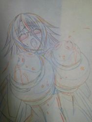 10s 1girl blush breasts closed_eyes female_focus glasses hizuki_touko hoods_entertainment huge_breasts kagaku_na_yatsura lactation layout legion_group long_hair nude open_mouth orgasm production saliva simple_background sketch solo tentacles white_background