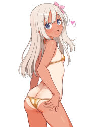 1girl absurdres ass bikini blonde_hair blue_eyes flower frost_apple gold_bikini hair_flower hair_ornament heart highres kantai_collection looking_at_viewer looking_back micro_bikini one-piece_tan ro-500_(kancolle) speech_bubble swimsuit tan tanline white_background