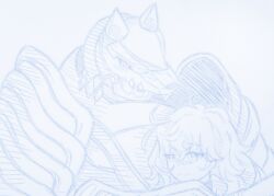 Rule 34 | 1girl, digimon, digimon (creature), highres, long hair, looking at viewer, miragegaogamon, monochrome, sketch, smile