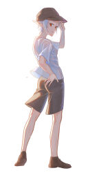 1girl absurdres adjusting_clothes adjusting_headwear ass baseball_cap breasts brown_hat brown_shoes brown_shorts closed_mouth elf from_behind full_body hand_up hat highres looking_at_viewer looking_back mushoku_tensei pointy_ears red_eyes shirt shoes short_hair short_sleeves shorts simple_background small_breasts solo standing sweat sylphiette_(mushoku_tensei) t-shirt user_skwc5555 wet wet_clothes wet_shirt white_background white_hair white_shirt