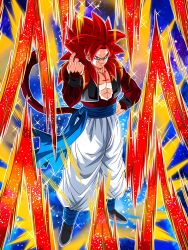 Rule 34 | 1boy, blue eyes, brown fur, dokkan battle, dragon ball, dragon ball gt, gogeta, hand on own hip, happy, muscular, muscular male, official art, red hair, smile, smug, solo, super saiyan, super saiyan 4, tail