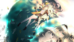 2girls absurdres aqua_eyes armor bad_end barefoot black_boots black_gloves black_hairband black_hat black_jacket black_skirt boots breasts broken_armor broken_helmet cityscape cleavage commentary crying crying_with_eyes_open english_commentary eye_contact falling firefly_(honkai:_star_rail) floating_hair full_body gloves glowing_veins grey_armor grey_hair hairband hat highres holding_hands honkai:_star_rail honkai_(series) huybu51 jacket long_hair looking_at_another medium_breasts multicolored_eyes multiple_girls open_clothes open_jacket open_mouth parted_lips power_armor purple_eyes sam_(honkai:_star_rail) shirt skirt sky smile star_(sky) starry_sky stelle_(honkai:_star_rail) tears thigh_strap toes trailblazer_(honkai:_star_rail) twitter_username two-tone_eyes very_long_hair white_shirt yellow_eyes