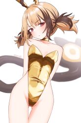 1girl absurdres alternate_costume animal_ears arms_behind_back bare_shoulders brown_hair covered_navel fake_animal_ears gigi_murin gluteal_fold gold_choker gold_leotard highleg highleg_leotard highres hololive hololive_english leotard looking_at_viewer multicolored_hair pink_eyes playboy_bunny rabbit_ears short_hair short_twintails simple_background solo strapless strapless_leotard sumosumo tail thigh_gap twintails two-tone_hair virtual_youtuber white_background