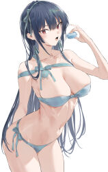 1girl arm_behind_back bikini black_hair blue_bikini blue_ribbon breasts closed_mouth collarbone food hair_ribbon haite_kudasai_takamine-san highres hiiragi_yuuichi holding holding_food large_breasts leaning_forward long_hair looking_at_viewer macaron navel open_mouth red_eyes ribbon side-tie_bikini_bottom simple_background solo strapless strapless_bikini swimsuit takamine_takane teeth upper_teeth_only white_background