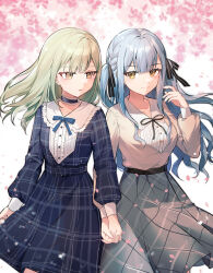 2girls absurdres akitsuki_(oenothera) bang_dream! bang_dream!_it&#039;s_mygo!!!!! black_ribbon blue_background blue_choker blue_dress blue_hair blue_ribbon bra cherry_blossoms choker closed_mouth commentary dress frills green_hair grey_skirt hair_ornament hair_ribbon highres holding_hands interlocked_fingers long_hair long_sleeves multiple_girls neck neck_ribbon open_mouth plaid_clothes plaid_dress plaid_skirt ribbon shirt sidelocks skirt togawa_sakiko underwear wakaba_mutsumi white_shirt yellow_eyes yuri