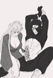 1boy 1girl abs arms_up assertive_female blush breasts censored cleavage full-face_blush genderswap genderswap_(mtf) handjob hatake_kakashi hetero japanese_clothes kimono large_breasts licking_lips long_hair looking_at_penis naruto_(series) naruto_shippuuden nipples one_eye_covered pectorals penis penis_grab precum scar scar_across_eye scar_on_face tongue tongue_out uchiha_obito veins veiny_penis yukata