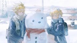 2boys absurdres ahoge alternate_costume anger_vein animal_ear_hairband animal_ears animal_print aotu_world artist_name backpack bag bear_ear_hairband bear_print bench black_bag black_shorts blonde_hair blue_eyes blue_gloves blue_jacket blue_necktie blue_pants blue_scarf blush building_snowman chinese_commentary closed_mouth coat cup dated day disposable_cup drinking_straw earmuffs facial_mark fake_animal_ears gloves godrose_(aotu_world) grey_scarf grey_sweater hair_between_eyes hair_ornament hairband hairclip highres holding hood hood_down hooded_jacket implied_yaoi jacket king_(aotu_world) long_sleeves male_focus mittens mountain multiple_boys necktie outdoors pants plaid_clothes plaid_scarf plutoray red_scarf scarf school_bag school_uniform shirt short_hair shorts shoulder_bag snow snowing snowman socks spiked_hair squatting star_(symbol) sweatdrop sweater tree white_shirt white_socks winter winter_clothes yellow_eyes