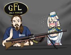 1boy 1girl anyan_(jooho) automatic_rifle beard blonde_hair blue_eyes blush breasts chauchat chauchat_(girls&#039;_frontline) cleavage collared_shirt crossover embarrassed facial_hair flying_sweatdrops forgotten_weapons girls&#039;_frontline gun hat ian_mccollum light_machine_gun looking_at_viewer machine_gun manly mustache ponytail real_life shirt table weapon