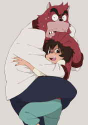 2boys animal_ears bakemono_no_ko bear_boy bear_ears black_hair blue_pants closed_mouth commentary_request corn_potako fangs furry furry_male green_pants hug kumatetsu kyuuta_(bakemono_no_ko) long_hair looking_at_viewer multiple_boys pants red_fur scared shirt sweatdrop white_shirt wide-eyed
