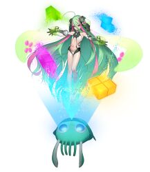 Rule 34 | 1girl, absurdres, ahoge, armpits, beeeeen, clothing request, commission, detached sleeves, flat chest, gloves, green eyes, green hair, hair between eyes, hair ornament, highres, hologram, holographic clothing, ireina (last origin), last origin, light particles, long hair, looking at viewer, multicolored hair, navel, official art, pink hair, see-through clothes, short shorts, shorts, solo, squid, tachi-e, two-tone hair, very long hair