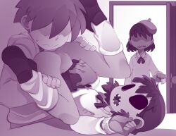 1boy 2girls ass beret bleedman gyaru hair_over_eyes hat hetero imminent_cunnilingus kogal lether_(bleedman) monochrome monster_girl multiple_girls no_panties original pimple_(bleedman) pussy school_uniform sharp_teeth spread_legs sweater_vest teeth