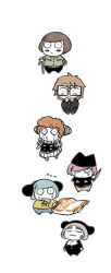 Rule 34 | 6+boys, animal hat, brown hair, cane, cat hat, chibi, chips (food), clown, commentary request, eating, etheral q, food, glasses, hat, holding, holding cane, holding knife, knife, luther von ivory, male focus, multiple boys, nyen (randal&#039;s friends), nyon (randal&#039;s friends), potato chips, randal&#039;s friends, randal ivory, sebastian de tomato smith chicken legs, short hair, simple background, tsukasa (tsukasa mimizuku), white background