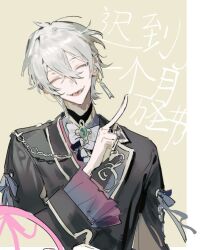 1boy chinese_text closed_eyes fangs hair_between_eyes jewelry long_sleeves mahoutsukai_no_yakusoku male_focus open_mouth qyzhiaiyisheng short_hair simple_background smile solo upper_body