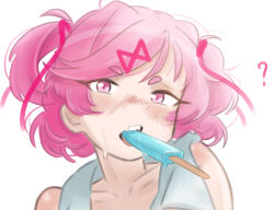 Rule 34 | 1girl, ?, blush, collarbone, doki doki literature club, emiillb, food, food in mouth, hair ornament, hair ribbon, hairclip, highres, ice cream, matching hair/eyes, natsuki (doki doki literature club), pink eyes, pink hair, pink ribbon, popsicle, portrait, ribbon, short hair, simple background, solo, sweat, teeth, towel, towel around neck, white background