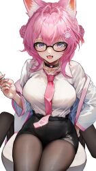 1girl :3 absurdres animal_ear_fluff animal_ears antenna_hair black-framed_eyewear black_choker black_skirt blush braid braided_bun breasts brown_pantyhose choker coat collarbone collared_shirt commentary crown_braid double_bun fang fingernails gem glasses hair_between_eyes hair_bun hair_ribbon hakui_koyori hand_on_own_hip heart heart_choker highres holding hololive klopsiak lab_coat large_breasts looking_at_viewer medium_hair nail_polish necktie open_clothes open_coat open_mouth pantyhose pencil_skirt pink_gemstone pink_hair pink_nails pink_necktie purple_eyes red_ribbon ribbon shirt simple_background sitting skirt smile solo thighs virtual_youtuber white_background white_coat white_shirt wolf_ears wolf_girl