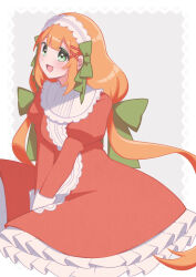 1girl :d absurdres alternate_costume blunt_bangs blush border bow center_frills dress frilled_dress frilled_hairband frills green_bow green_eyes grey_background hair_bow hair_ornament hair_ribbon hairband highres juliet_sleeves kingdom_hearts kingdom_hearts_x lace lace_border long_hair long_sleeves looking_at_viewer low_twintails open_mouth orange_hair ornate_border puffy_sleeves red_dress ribbon simple_background sitting smile solo strelitzia_(kingdom_hearts) twintails very_long_hair w3n6ev x_hair_ornament