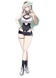 1girl absurdres alternate_costume black_socks blush boots breasts cleavage closed_mouth firefly_(honkai:_star_rail) full_body grey_hair gym_uniform hair_between_eyes hair_intakes hair_ornament hand_on_own_hip highres honkai:_star_rail honkai_(series) jianjia_(pixiv65586691) large_breasts long_hair looking_at_viewer pink_eyes simple_background smile socks solo standing stomach thigh_strap thighs white_background white_boots