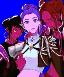 Rule 34 | 3girls, armor, bbbone923, behind another, black choker, black hair, blue background, braid, brown eyes, choker, clenched teeth, collared jacket, colored skin, crop top, cropped jacket, double bun, ear piercing, earrings, evil grin, evil smile, glowing, glowing eyes, grin, hair bun, hair up, hand on another&#039;s chest, high collar, highres, hoop earrings, jacket, jewelry, kpop demon hunters, leaning on person, leaning to the side, long braid, long hair, long sleeves, mira (kpop demon hunters), multiple girls, navel, nervous, nervous sweating, official alternate costume, parted bangs, parted lips, piercing, purple hair, red hair, red skin, rumi (kpop demon hunters), scar, scar on face, shade, short bangs, shoulder armor, simple background, single braid, smile, spoilers, standing, stomach, surprised, sweat, sweatdrop, teeth, twintails, upper body, wide-eyed, yellow eyes, zoey (kpop demon hunters)