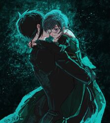 2boys black_hair blood blood_on_face bow butler ciel_phantomhive closed_mouth crossdressing earrings ena33333333 eyepatch formal_clothes highres jewelry kuroshitsuji lolita_fashion male_focus medical_eyepatch multiple_boys ribbon sebastian_michaelis short_hair suit victorian