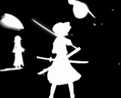 2girls animated animated_gif bad_apple!! black_theme female_focus greyscale katana konpaku_youmu konpaku_youmu_(ghost) lowres monochrome monochrome multiple_girls saigyouji_yuyuko silhouette sword touhou weapon
