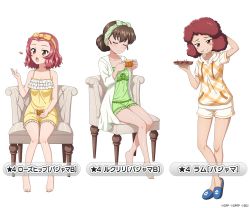 3girls arm_behind_head bare_legs bare_shoulders barefoot blue_footwear blush blush_stickers bow breasts brown_eyes brown_hair camisole casual chair character_name cheese cleavage closed_eyes collarbone cup curly_hair food frilled_camisole frilled_nightgown frilled_shorts frills girls_und_panzer girls_und_panzer_senshadou_daisakusen! green_bow green_camisole green_shorts hair_bun hairband holding holding_cup holding_tray hooded_shirt legs multiple_girls nightgown nightshirt official_art open_mouth pajamas parted_hair plaid_clothes plaid_shirt red_hair rosehip_(girls_und_panzer) rukuriri_(girls_und_panzer) rum_(girls_und_panzer) sausage shirt short_hair shorts single_hair_bun sitting sleepwear slippers smile tachi-e tea thighs toothpick tossing translated tray wavy_hair white_shirt white_shorts yellow_shirt yellow_shorts