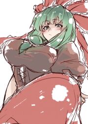 1girl ass bow breasts frilled_ribbon frills front_ponytail green_eyes green_hair hair_ribbon highres kagiyama_hina large_breasts long_skirt looking_at_viewer ototobe puffy_short_sleeves puffy_sleeves red_bow red_ribbon ribbon short_sleeves skirt solo tagme touhou