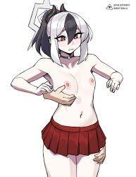 1girl black_choker black_hair black_horns blue_archive breasts bright_pupils choker clenched_teeth demon_horns disembodied_hand donburi_(donburikazoku) earclip grabbing_another&#039;s_breast grabbing_from_behind groping hair_between_eyes halo hand_on_another&#039;s_thigh highres horns kayoko_(blue_archive) looking_down miniskirt multicolored_hair navel nipples pleated_skirt ponytail red_eyes red_skirt simple_background skirt small_breasts solo_focus stomach teeth topless_female two-tone_hair watermark web_address white_background white_hair white_pupils wince
