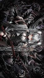 1girl absurdres black_dress blood bloody_weapon blunt_bangs bone breasts brooch cleavage_cutout clothing_cutout covered_navel cross-shaped_pupils dress gawako grey_hair half-closed_eye hashtag-only_commentary highres holding holding_sword holding_weapon horns jewelry knife long_hair looking_at_viewer necktie original pointy_ears red_brooch red_hair short_sleeves sidelocks skeleton solo sword symbol-shaped_pupils thigh_strap twintails valentina_(gawako) weapon