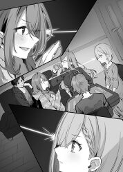 Rule 34 | 2boys, 3girls, blush, braid, brother and sister, closed mouth, commentary request, drawstring, dress, earrings, eye contact, glasses, greyscale, hair between eyes, hair over one eye, hood, hood down, hoodie, indoors, jewelry, kageishi sumire, kohinata iroha (imouuzai), kohinata ozuma, long hair, long sleeves, looking at another, monochrome, multiple boys, multiple girls, novel illustration, official art, ooboshi akiteru, open mouth, short hair, siblings, sitting, smile, tomari (veryberry00), tomodachi no imouto ga ore ni dake uzai, tsukinomori mashiro