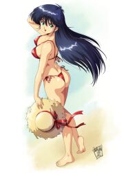 1980s_(style) 1girl ass ayukawa_madoka beach bikini black_hair danmakuman green_eyes hat highres kimagure_orange_road long_hair looking_at_viewer looking_back oldschool outdoors paid_reward_available red_bikini retro_artstyle solo straw_hat swimsuit