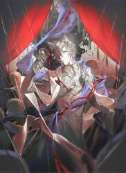 Rule 34 | 1boy, absurdres, alcohol, animal ears, arknights, broken wall, chest harness, closed mouth, cowboy shot, cup, curtains, eyepatch, gongzuotianxiadiyi, hair ornament, harness, highres, holding, holding cup, looking at viewer, male focus, one eye covered, phantom (arknights), red wine, solo, tassel, thread, wine, yellow eyes