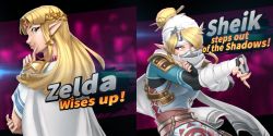 2girls blonde_hair blue_eyes breasts cape earrings elf gloves grin hair_over_one_eye hand_up highres jewelry long_hair looking_at_viewer mask multiple_girls necklace nintendo pointy_ears princess_zelda red_eyes sheik sidelocks smile super_smash_bros. the_legend_of_zelda the_legend_of_zelda:_a_link_between_worlds the_legend_of_zelda:_ocarina_of_time tiara triforce zededge