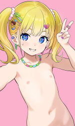 1girl absurdres akai_kuro animal_hair_ornament bandaid bandaid_on_finger bear_hair_ornament blonde_hair blue_eyes blush broken_heart broken_heart_hair_ornament collarbone crescent crescent_hair_ornament earrings flat_chest food-themed_hair_ornament grin hair_ornament hairclip heart heart_hair_ornament highres ice_cream_hair_ornament jewelry loli long_hair looking_at_viewer navel necklace nipples nude original pink_background pink_nails scrunchie smile standing star_(symbol) star_earrings sweat teeth twintails v